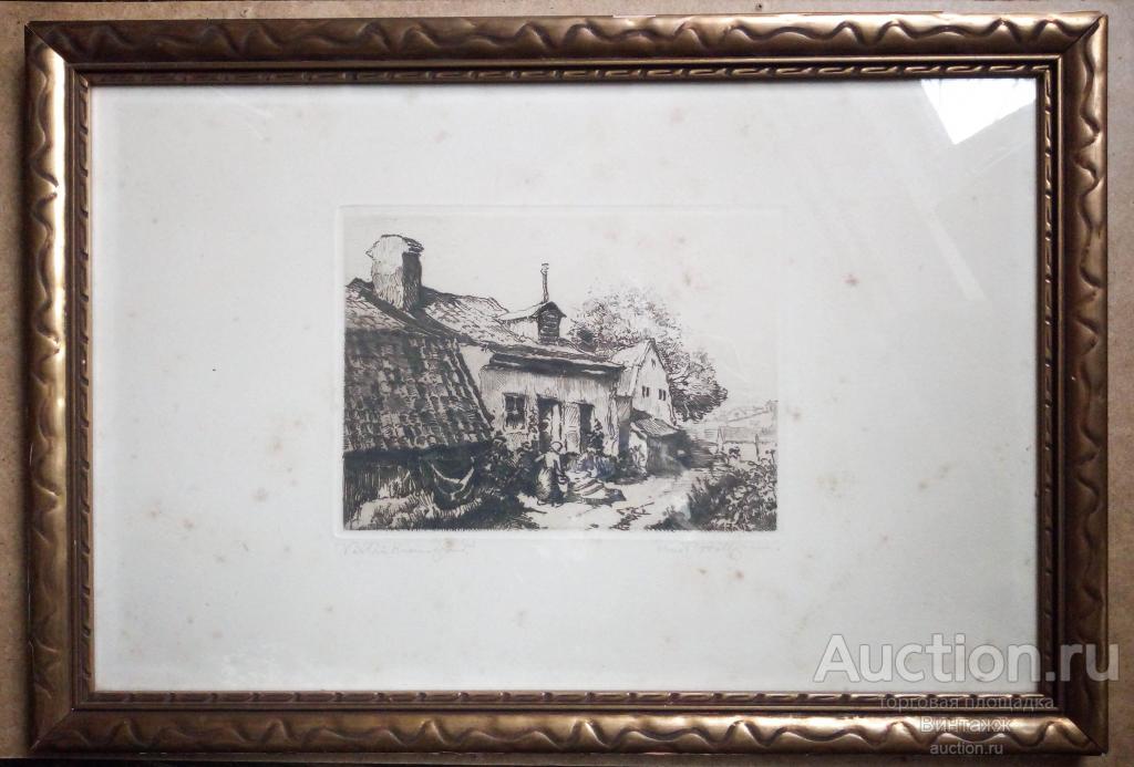 Картина в раме Графика сельский пейзаж