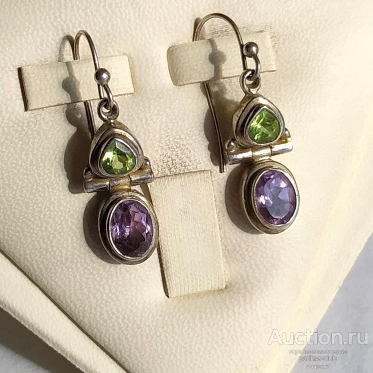 Винтажные серьги 925 перидотом и аметистом