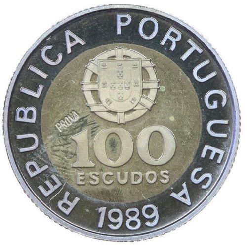 ПОРТУГАЛИЯ, 1989, 100 ESCUDOS [ПРОБНАЯ МОНЕТА (PROVA)] [PROOF] [БИМЕТАЛЛ] [РЕДКАЯ]