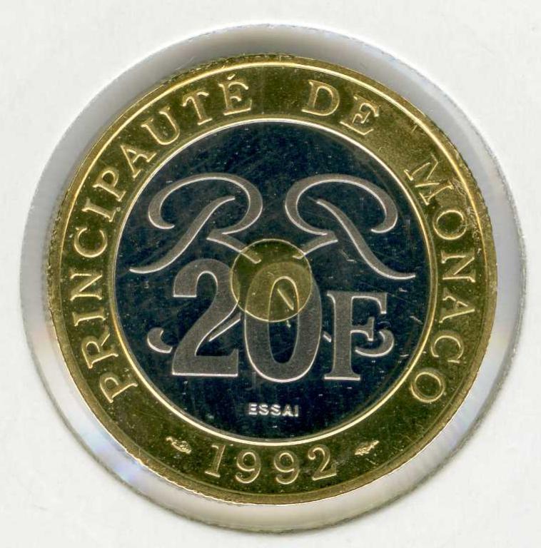 МОНАКО, 1992, 20 ФРАНКОВ [БИМЕТАЛЛ] [ПРОБНАЯ МОНЕТА, ESSAI, PATTERN]