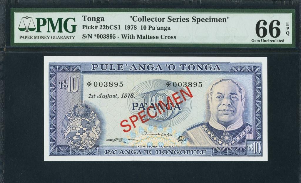 ТОНГА, 1978, 10 PA'ANGA [ОБРАЗЕЦ] [SPECIMEN] [СЛАБ PMG 66 EPQ]