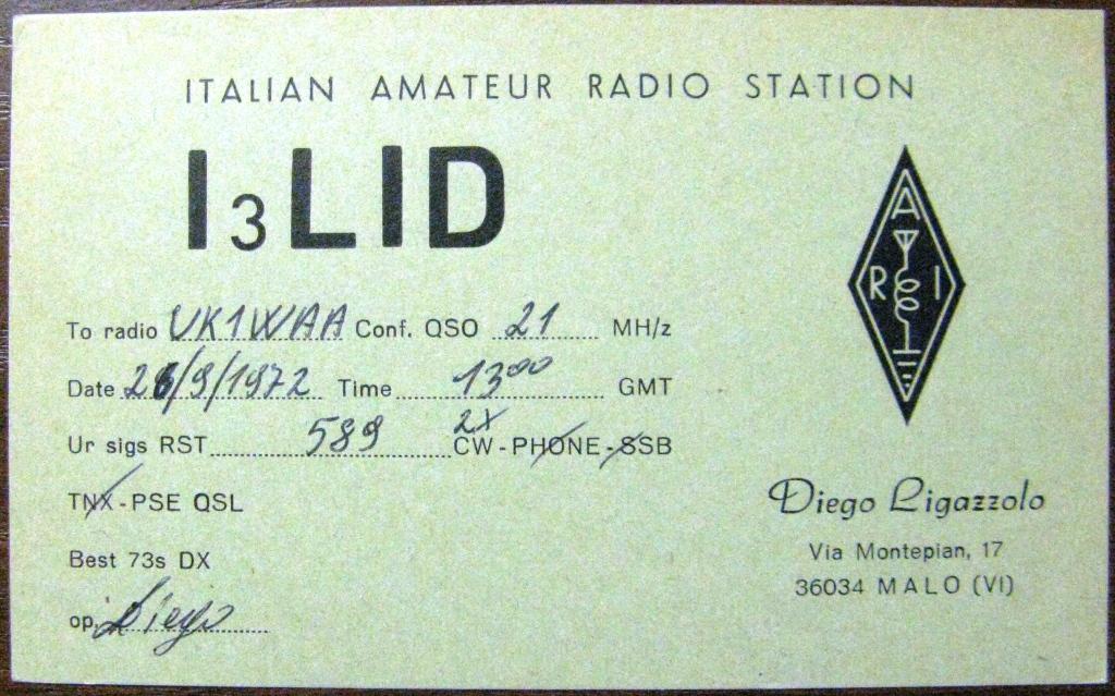 К22-775 QSL КАРТОЧКА РАДИООБМЕНА ИТАЛИЯ 1972