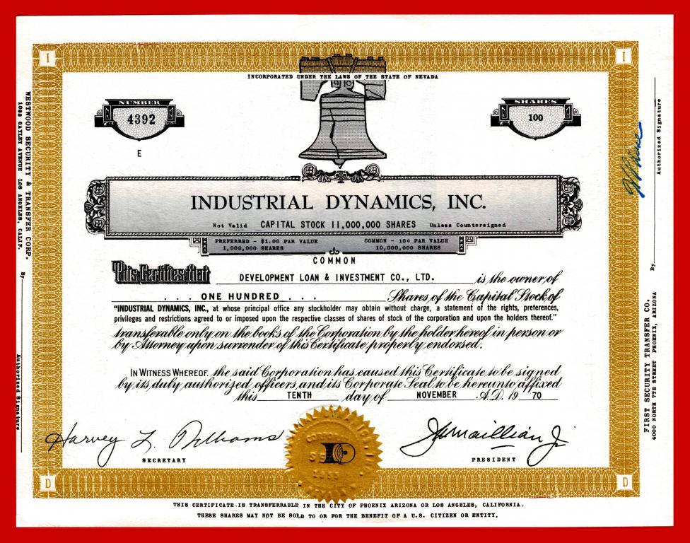США, Газовое оборудование INDUSTRIAL DYNAMICS, сертификат 100 акций 1970, № 439, БЕЗ ПЕРЕГИБОВ!