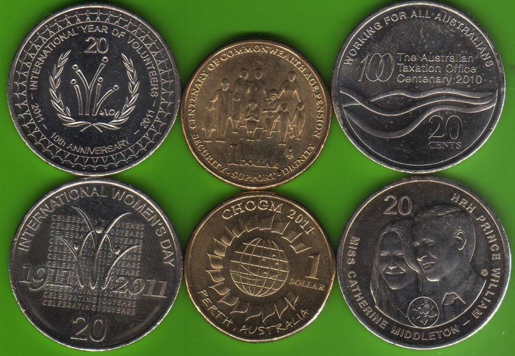 НАБОР МОНЕТ АВСТРАЛИЯ 2010-2011 ГОД 6 МОНЕТ ИЗ РОЛЛОВ