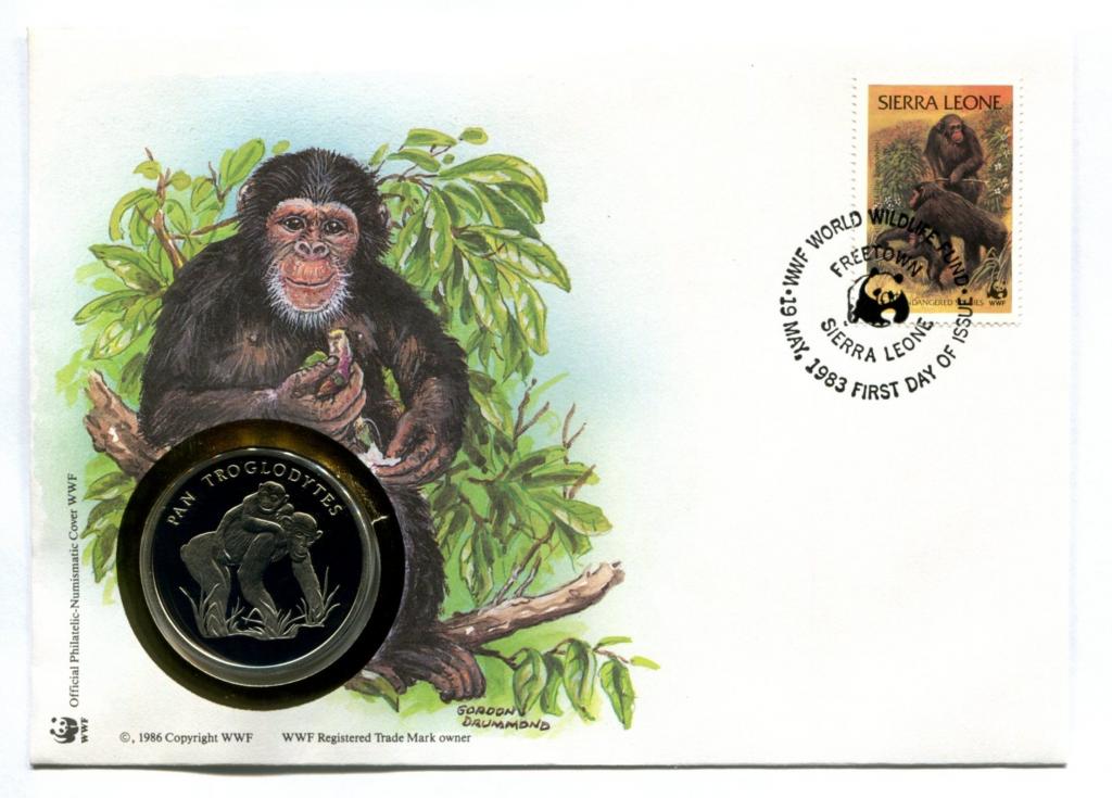 СЬЕРРА-ЛЕОНЕ 30 ЛЕТ WWF ОБЕЗЬЯНА ШИМПАНЗЕ ФАУНА ЖИВОТНЫЕ UNC В КОНВЕРТЕ 39мм