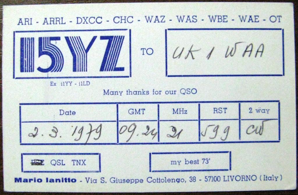 К22-779 QSL КАРТОЧКА РАДИООБМЕНА ИТАЛИЯ 1979