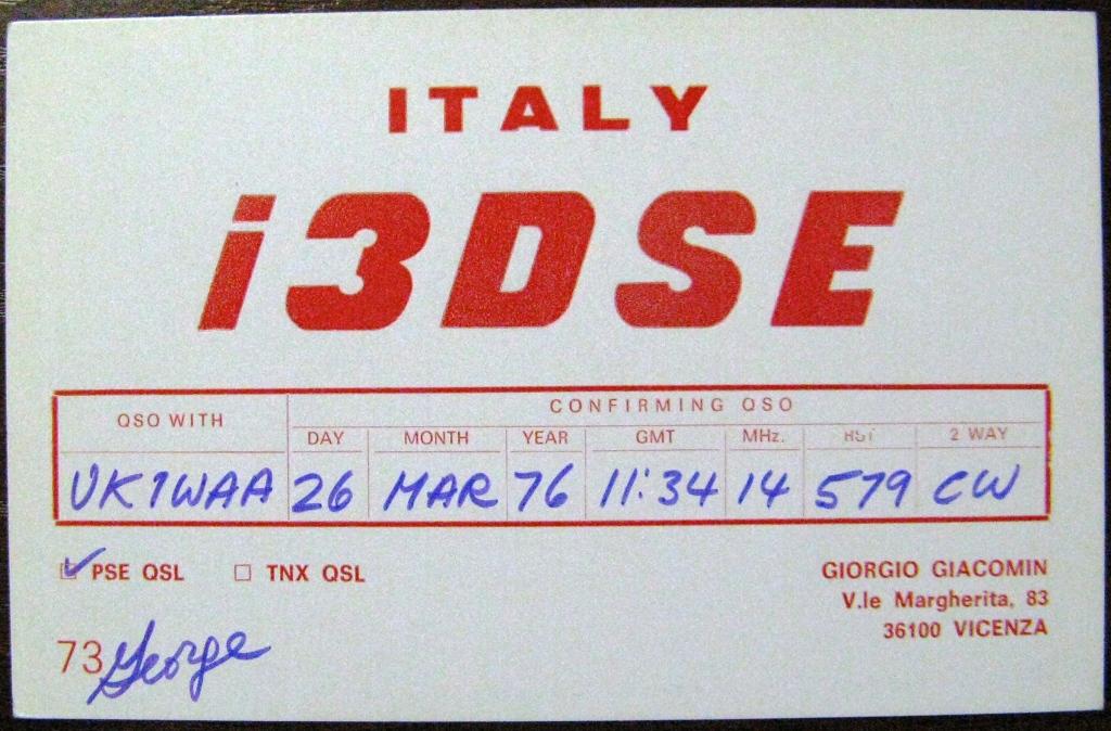 К22-782 QSL КАРТОЧКА РАДИООБМЕНА ИТАЛИЯ 1976
