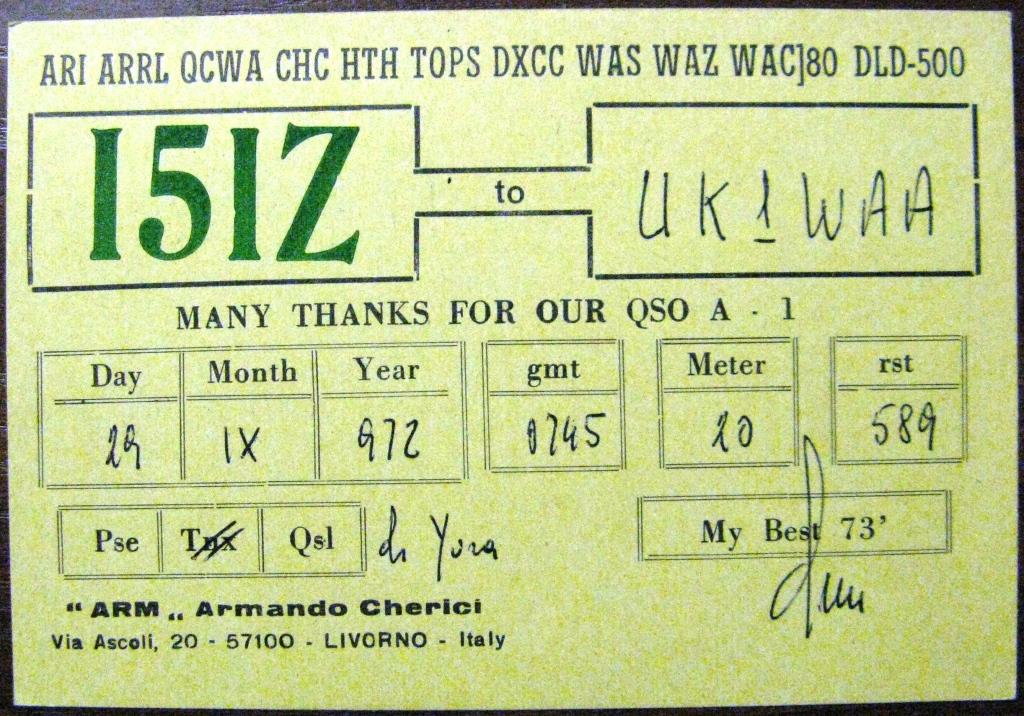 К22-789 QSL КАРТОЧКА РАДИООБМЕНА ИТАЛИЯ 1972