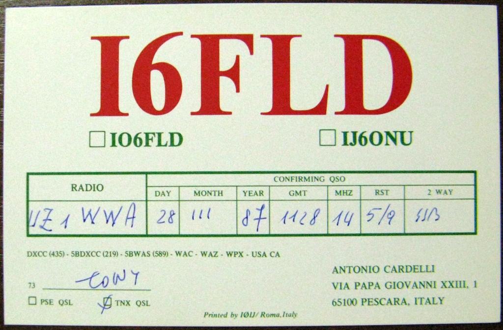 К22-800 QSL КАРТОЧКА РАДИООБМЕНА ИТАЛИЯ 1987