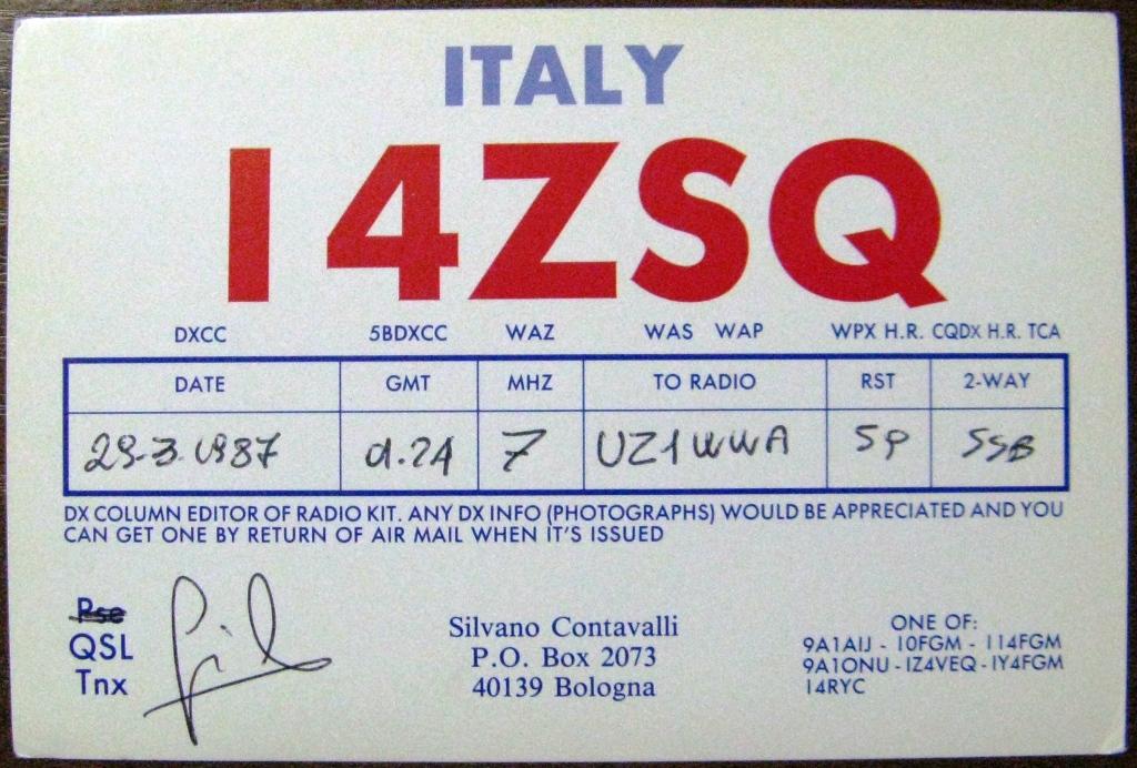 К22-798 QSL КАРТОЧКА РАДИООБМЕНА ИТАЛИЯ 1987