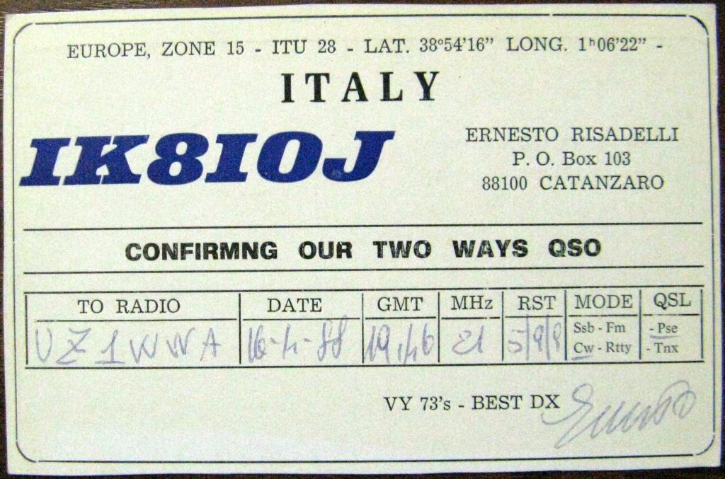 К22-868 QSL КАРТОЧКА РАДИООБМЕНА ИТАЛИЯ 1988