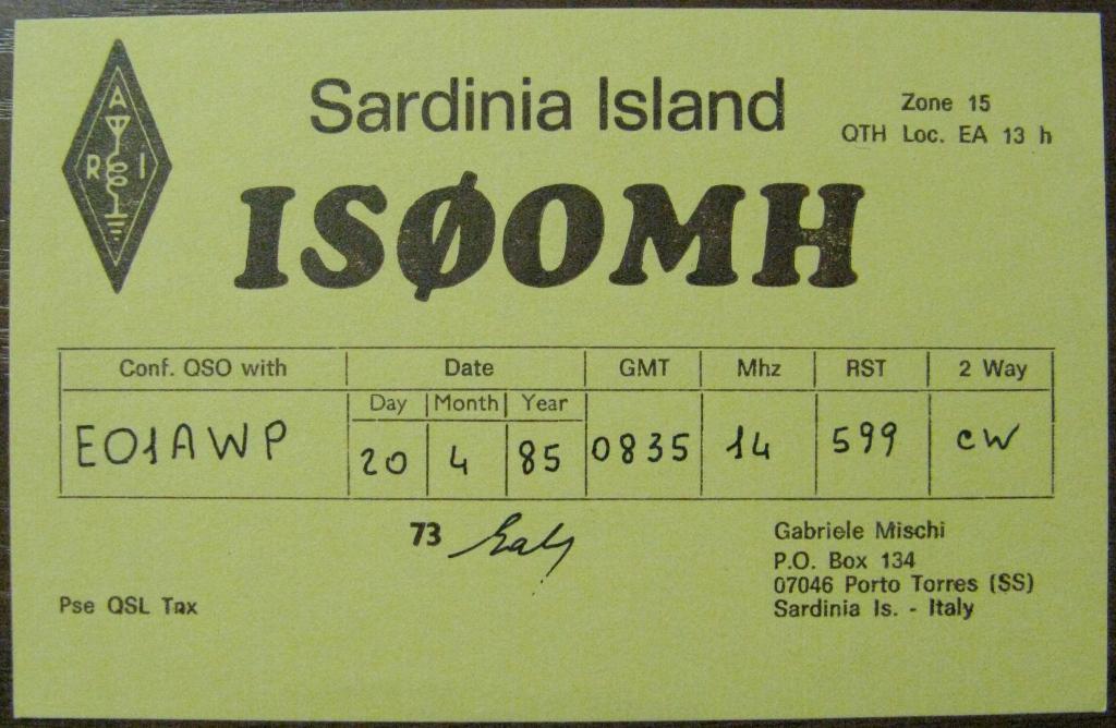 К22.883 QSL КАРТОЧКА РАДИООБМЕНА САРДИНИЯ ИТАЛИЯ 1985