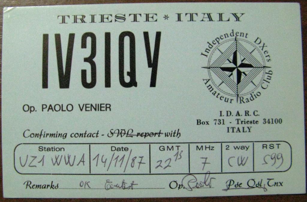 К22-823 QSL КАРТОЧКА РАДИООБМЕНА ИТАЛИЯ 1987