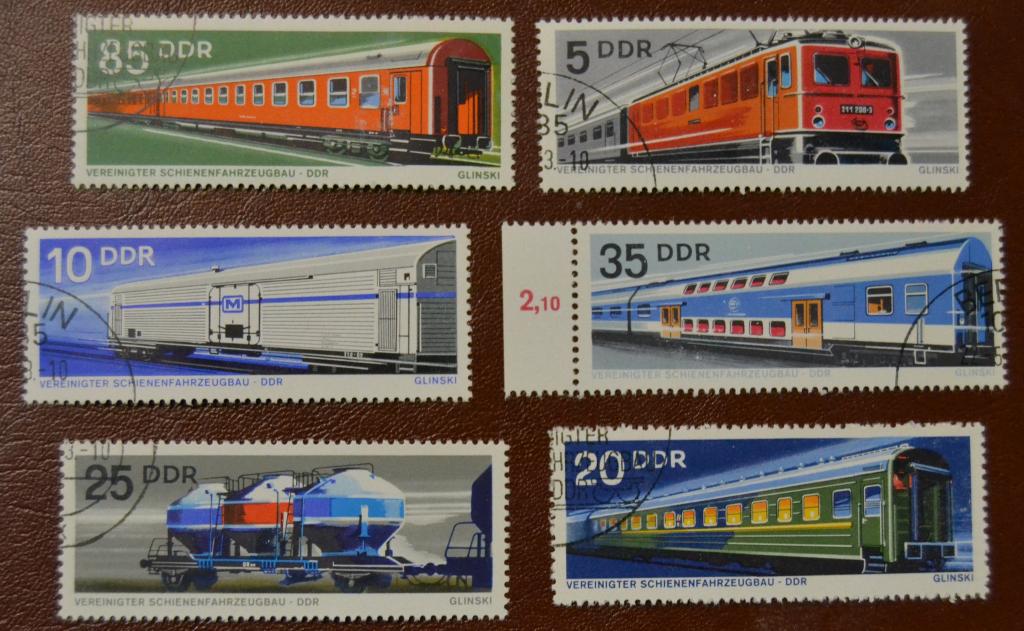 ГДР 1973 год   Железнодорожный транспорт Вагоны Поезда  Mi 1844-49.  СТО