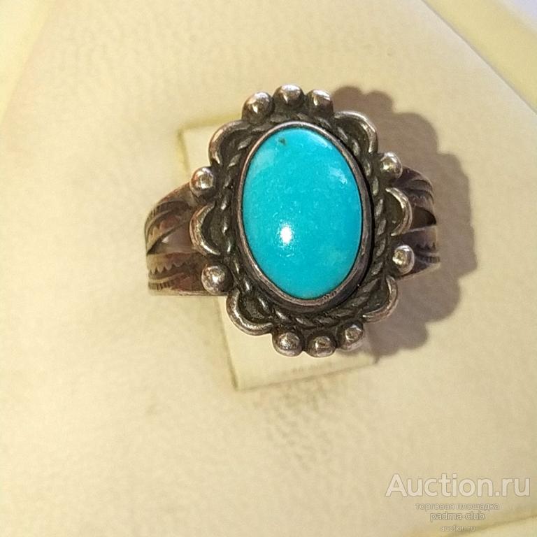 Винтажное кольцо 925 с кабошоном бирюзы, США, 1960+/-. размер 16,75 - 17