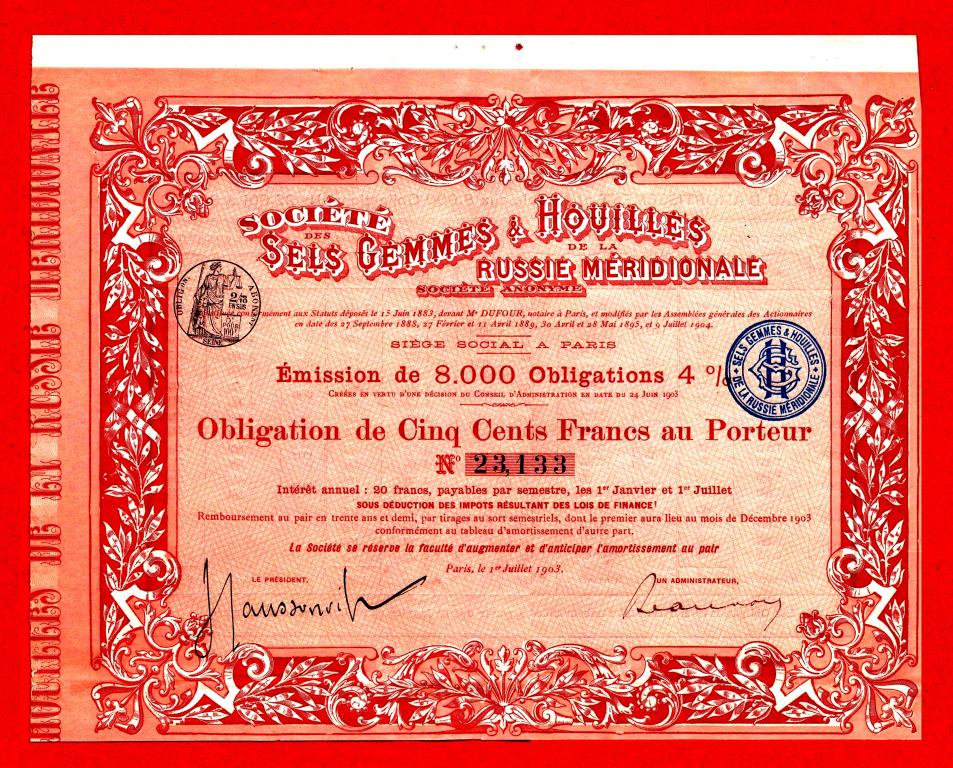 Соляные и каменноугольные разработки Южной России, облигация 500 франков 1903  № 23133 ТИРАЖ 8000