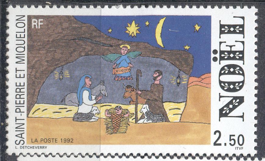 Сент Пьер и Микелон 1992 г. Рождество негашеная* (малозаметный след наклейки)