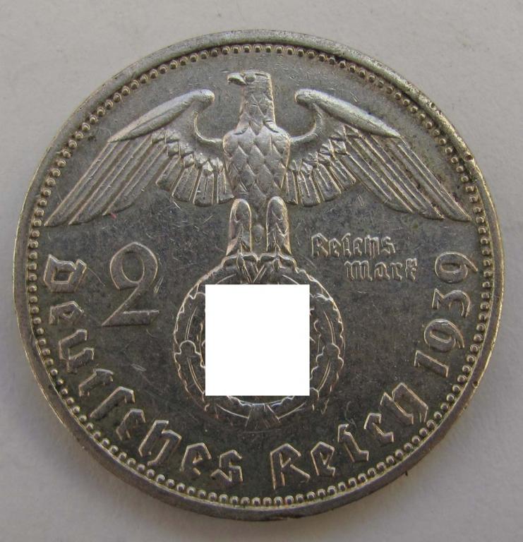 1939 г. 2 марки. A. Германия. Рейх. Серебро. XF. #4