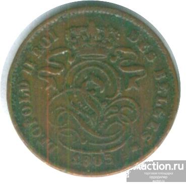 Бельгия 2 сентима 1905 года.