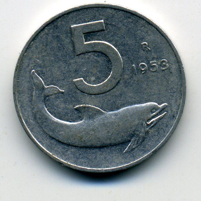 5 лир - Италия - 1953 - Дельфин