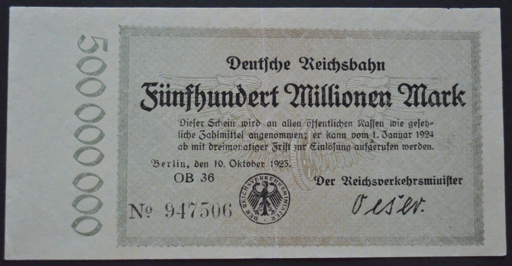 Германия.Железные дороги 500 000 000 марок 1923 год
