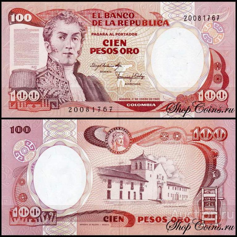 Колумбия 100 песо 1991 года UNC