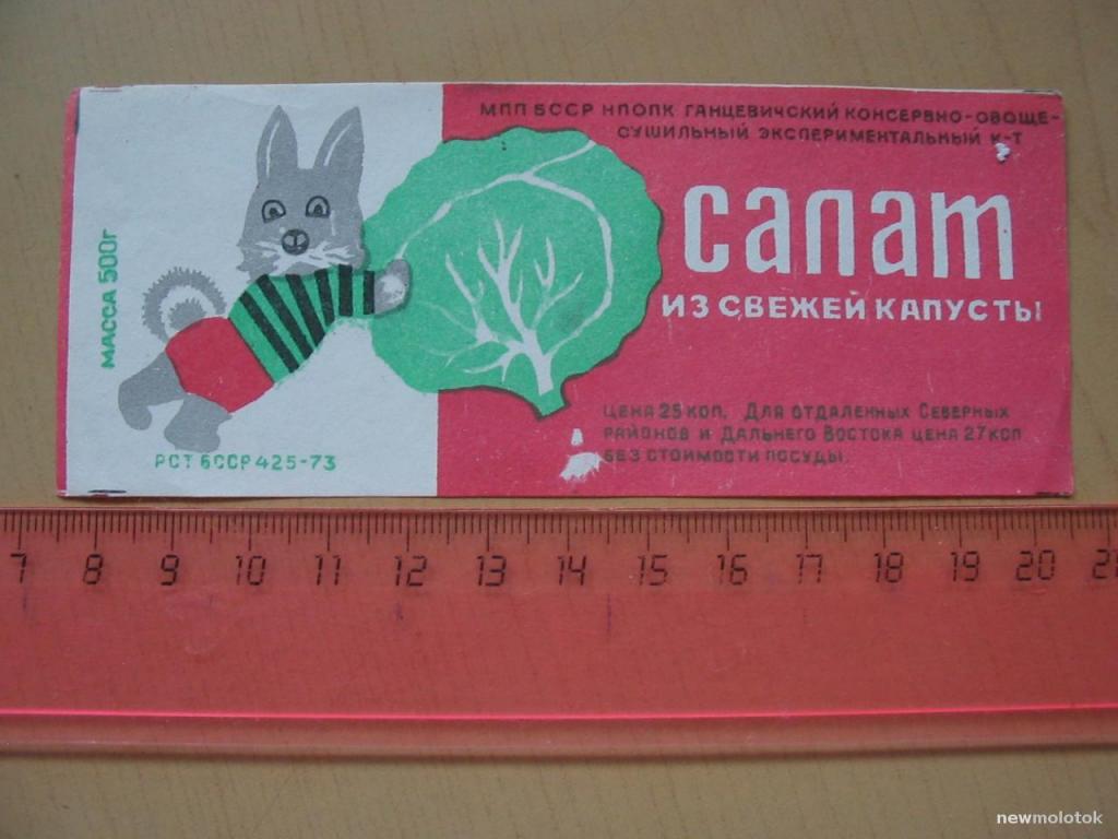 Этикетка от закуски Салат из свежей капусты, Беларусь, СССР, ю-404 а-8448