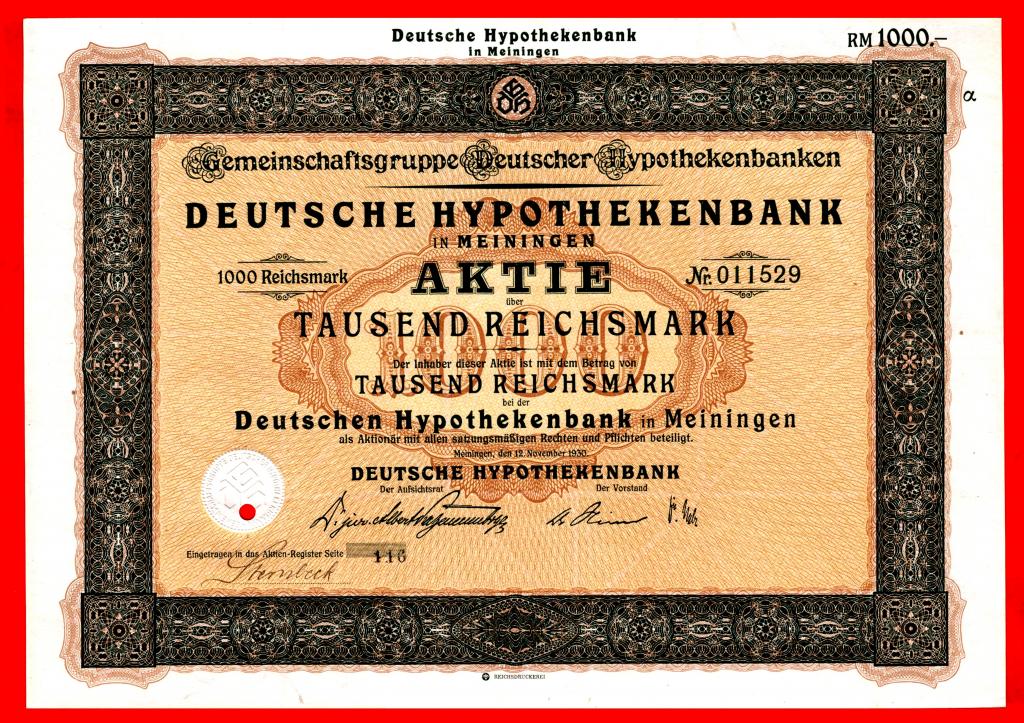 Германия, Немецкий ипотечный банк в Мейнингене, акция 1000 рейхсмарок, 1930, КОНГРЕВ, № 011529, UNC