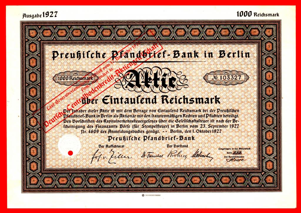 Германия, Прусский ипотечный банк в Берлине, акция, 1000 рейхсмарок, 1927, КОНГРЕВ, № 103327