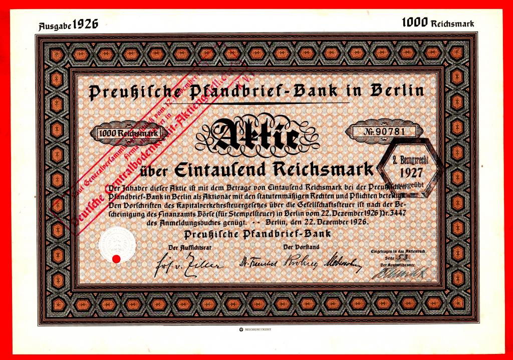 Германия, Прусский ипотечный банк в Берлине, акция, 1000 рейхсмарок, 1926, КОНГРЕВ, № 90781 UNC