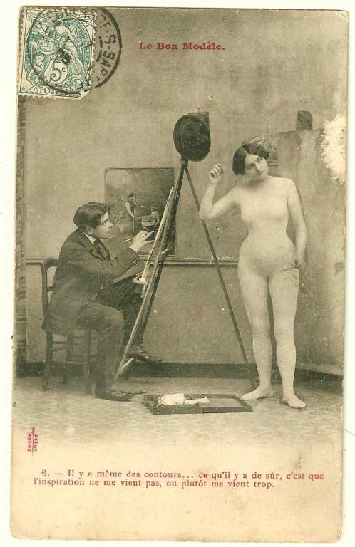 Старинная открытка №6 серия - Натурщица - 1905 г. Франция - художник мольберт студия картина модель