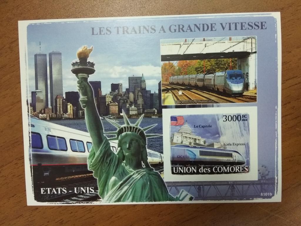 КОМОРЫ, 2008, США, скоростные поезда, блок, MNH**