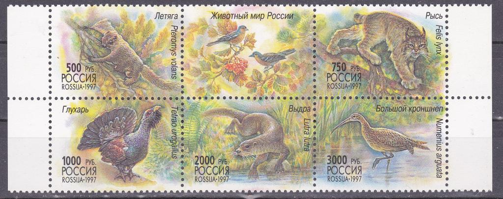 Марки Россия 1997 г. № 376 - 380 Фауна  Животный мир  Сцепка MNH **