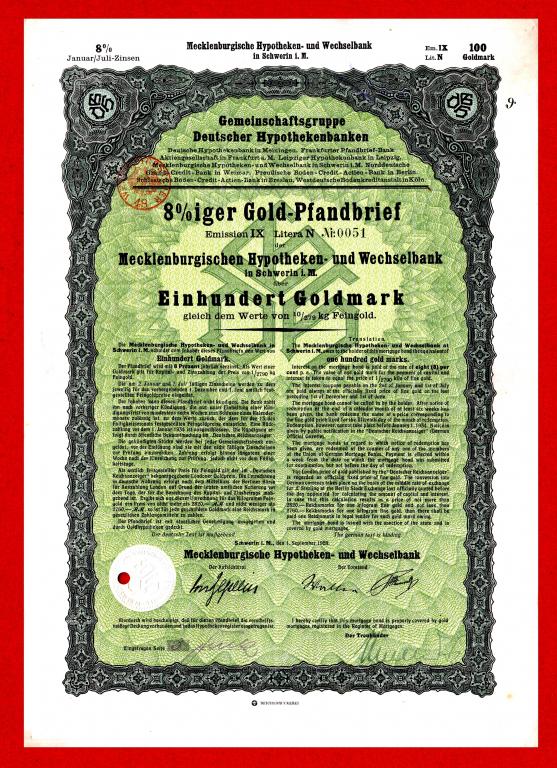Германия, Мекленбургский Ипотечно-заемный банк в Шверине, облигация 100 зол. марок, 1928, № 0051