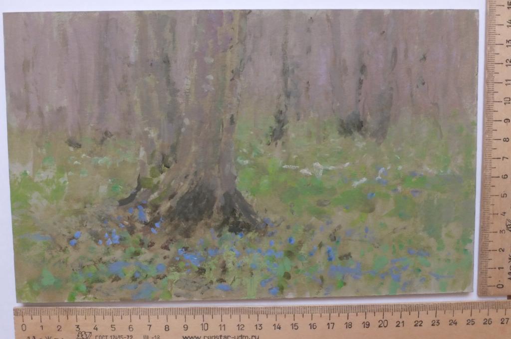 картина Лес весенний,зеленый,картон,масло,НХ