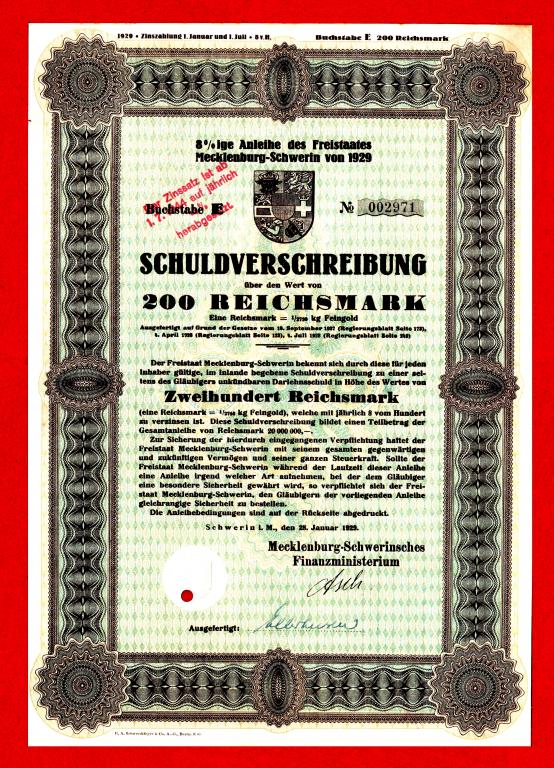 Германия, Вольное государство Мекленбург-Шверин, долгосрочный заем, 200 рейхсмарок, 1929, № 002971