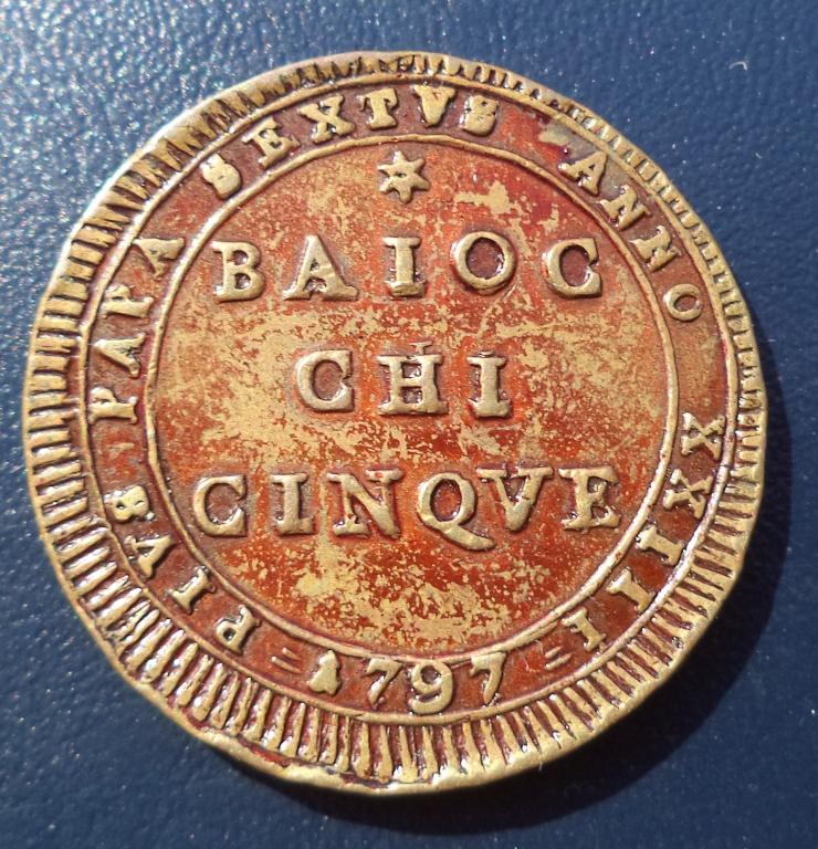 Папская область Ватикан 5 баиоччи 1797 год RRR легкая деформация  п.10