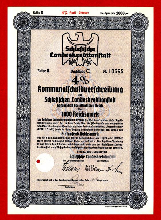 Германия, III РЕЙХ, Силезия, заем города Бреслау, 1000 рейхсмарок, 1941, № 10365, UNC