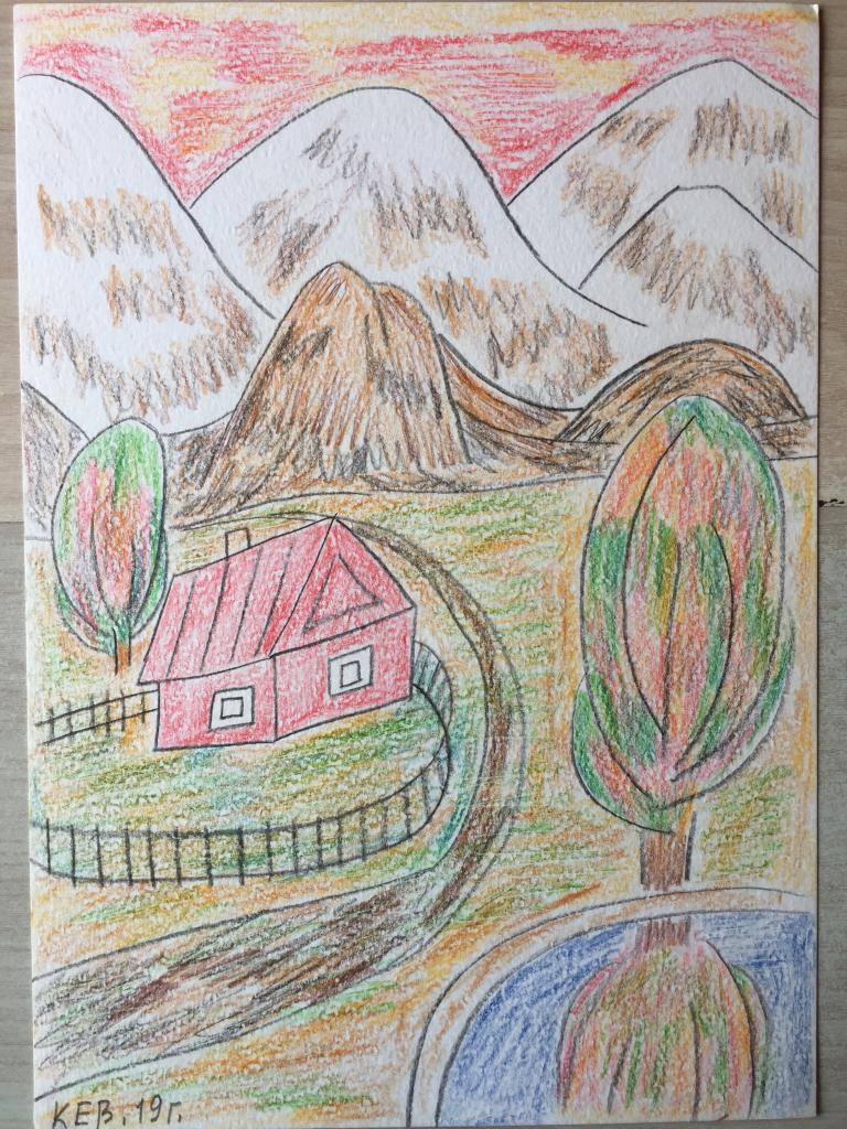 Колобова Е.В. (1961 г.р.)  Дом и деревья на фоне гор