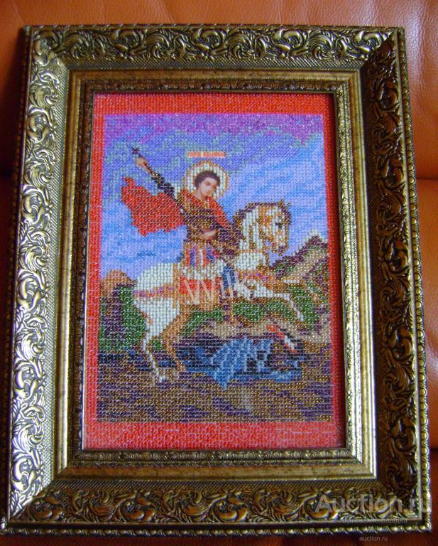 Икона ручной работы. Чешский бисер. Святой Георгий Победоносец. 29*21см.