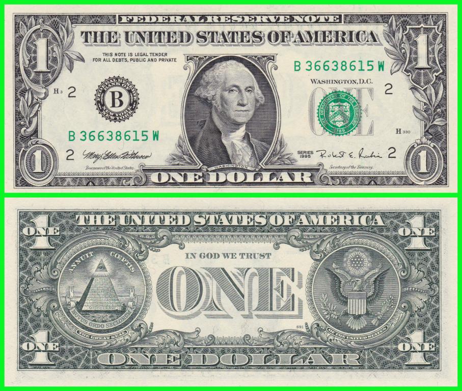 Банкнота США - 1 доллар 1995 год Cерия B ( B 36638615 W )  ПРЕСС !!  UNC !!