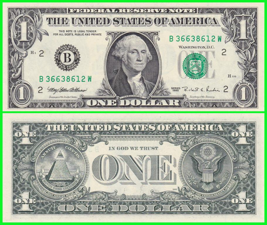Банкнота США - 1 доллар 1995 год Cерия B ( B 36638613 W )  ПРЕСС !!  UNC !!