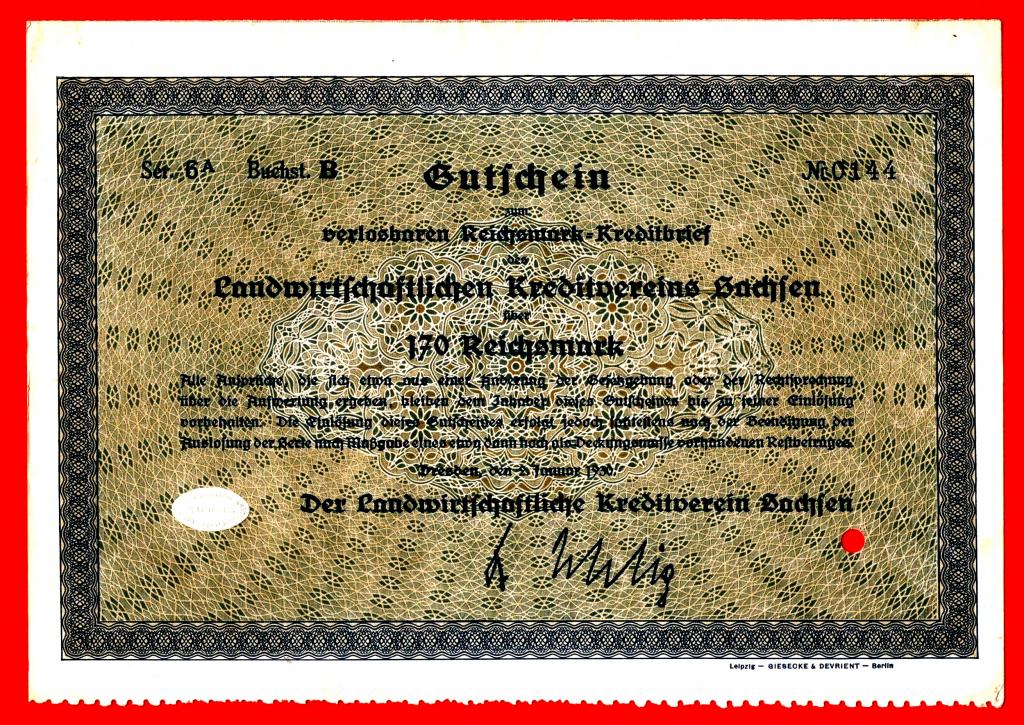 Германия, Саксонский сельскохоз. кредитный союз, аккредитив, 170 рейхсмарок, 1930, № 0144, RRR!!!