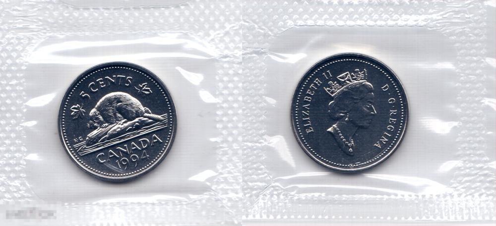 5 центов 1994 года Набор. UNC. Запайка Канада 1856