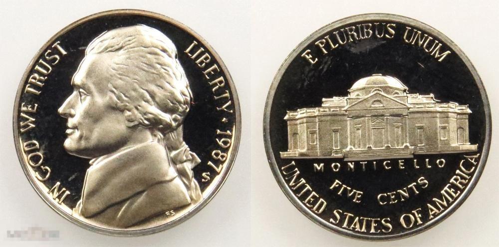 5 центов Никель 1987 год. 'S' Пруф Матовая Набор proof США (2725) 