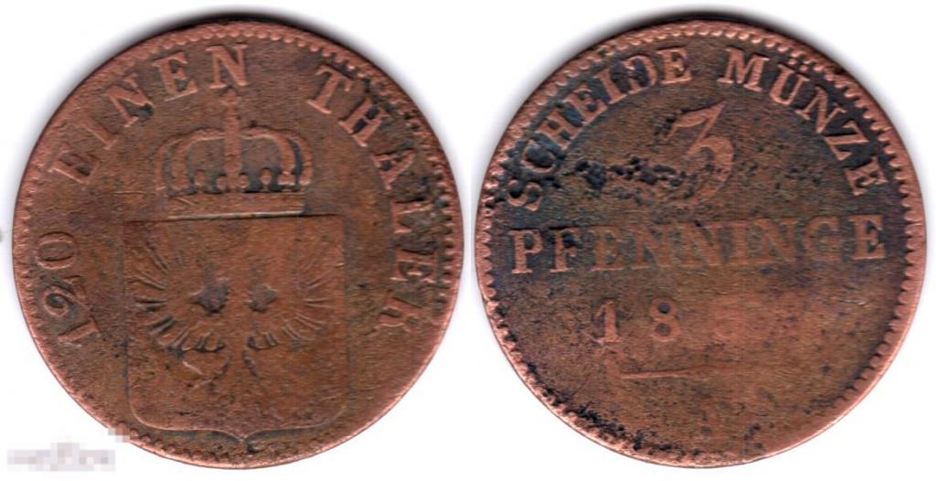 3 пфеннинга 1852 года. 'A'. Пруссия Германия (0132) 