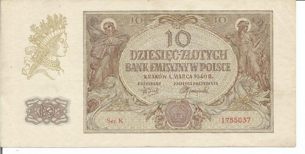 Польша  10  злотых 01.03.1940  года  литеры "К"  XF++  (C.Milezak - 94а)