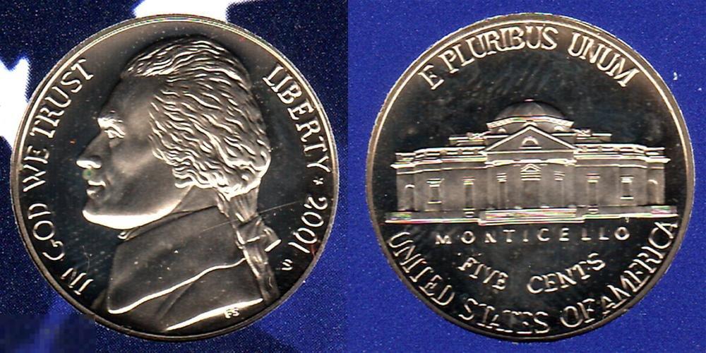 5 центов Никель 2001 года. 'S' Набор. proof Пруф. Матовая. США (2723) 