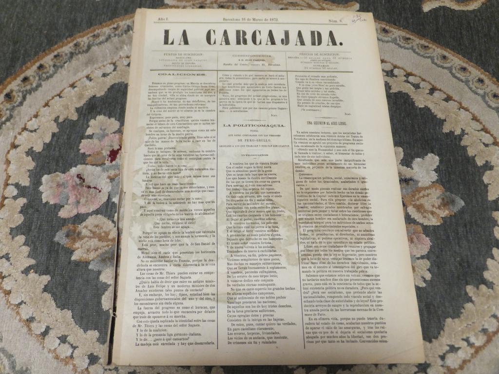 Periódico La Carcajada Испания Барселона Газета Хохот Смех 16 марта 1872 г. Цветная!!!