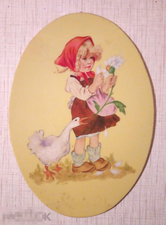 Настенная плакетка (панно) "Девочка с гусем", живопись на пластике, СССР